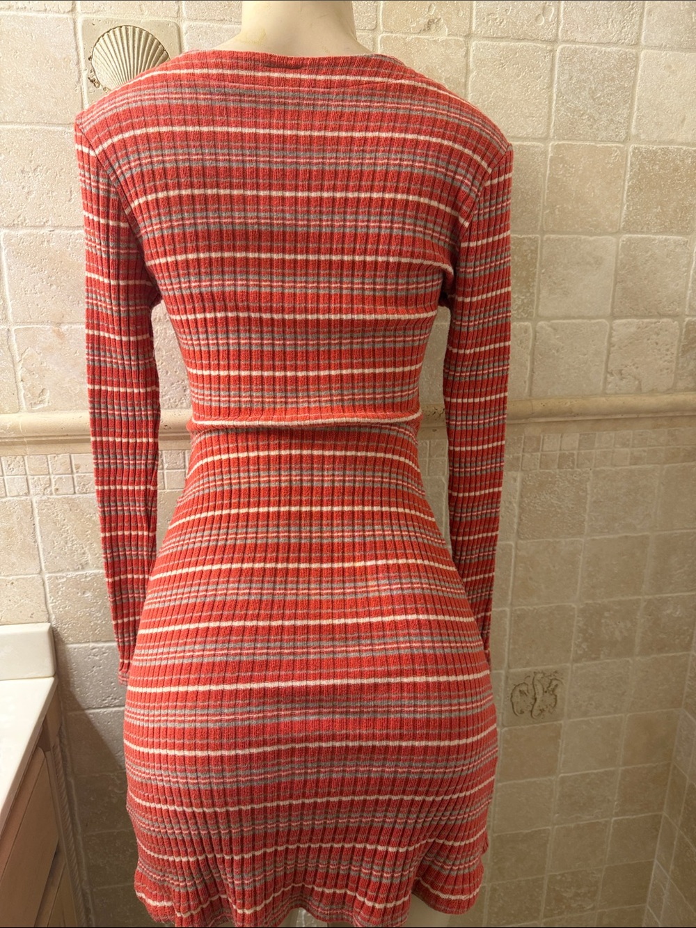 Women’s Ribbed Button-Front Red Striped Dress - Picture 5 of 6